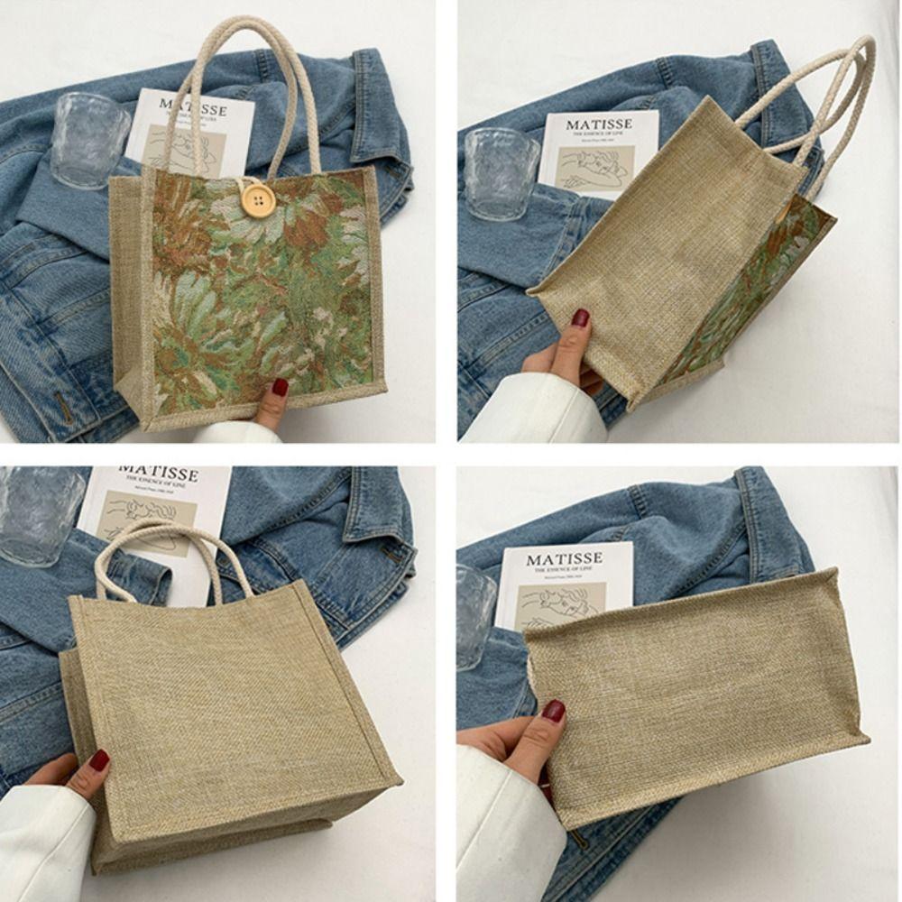 Portable Linen Handbag Large Capacity Printing Cloth Lunch Bag Ethnic Style Canvas Bag  Picnic