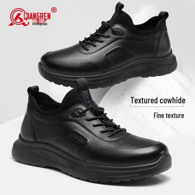 3515 Strongman Chaussures de sport à enfiler en cuir noir pour hommes - Automne Décontracté Résistant à l'usure Tendance Chaussures de ville.