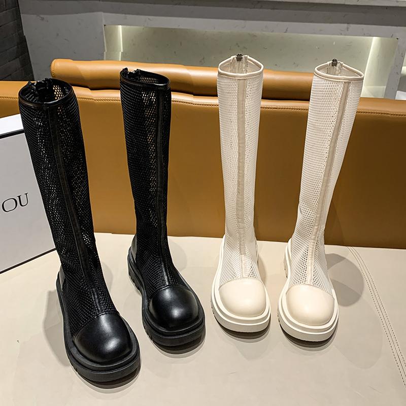 Breathable Knit Line Women's Mesh Boots Middle Follow Round Head Summer Knee High Boots Sandal Boots Fashion Sandalias De Mujer
