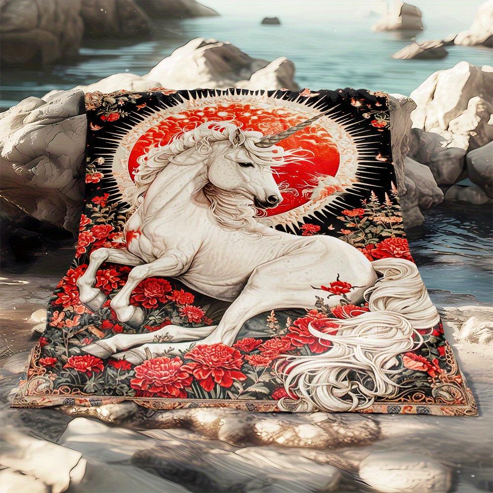 Vintage Art Unicorn And Red Rose Print Throw Blanket Soft Flannel Warm Blanket Floral Sun Pattern Sofa Bed Fantasy Decor Gift