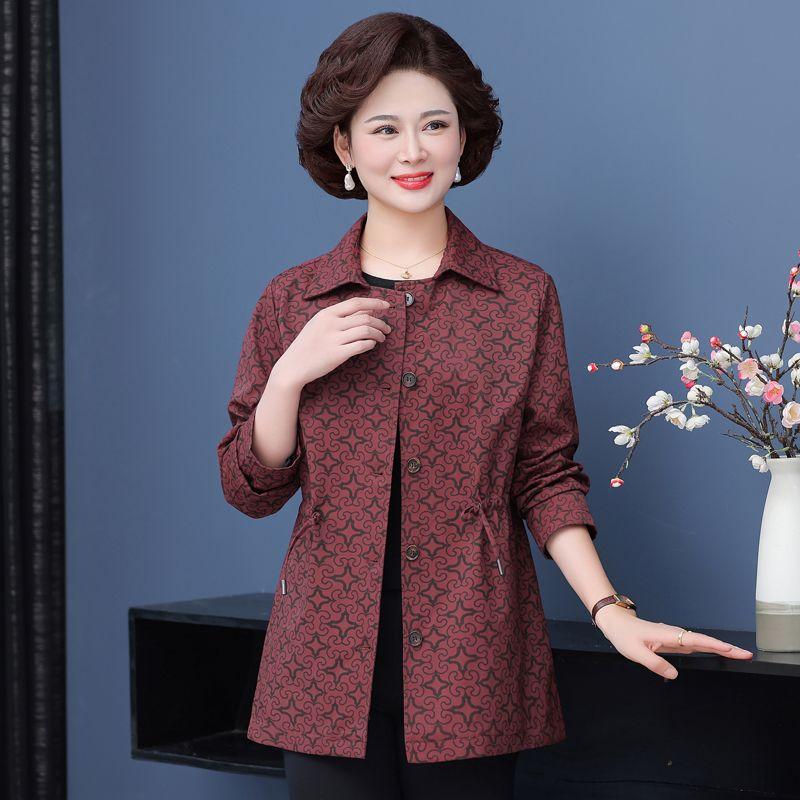

Middle-Aged and Elderly Women Spring and Autumn Outerwear Mid-Length Loose Mom Western Style Trench coat New Cardigan Top Lapel Grandma s Clothes Red L(Below 57.50kg)