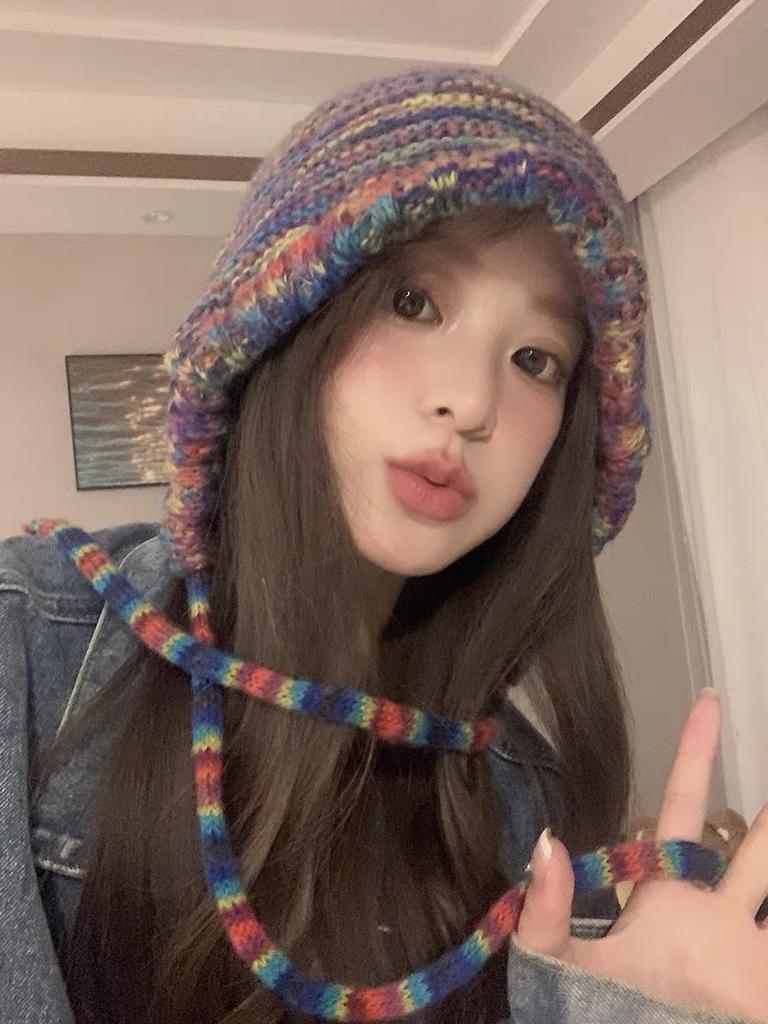 Autumn and winter hats women's cold hats big head circumference versatile knitted thin crimped outdoor stacking hats women's winter