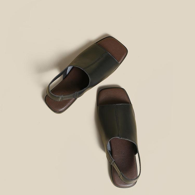 

Suding Home~ Мягкая кожа, плоская подошва, сандалии для женской уличной обуви, новинка 2025, простые французские ретро сандалии с открытым носком 35