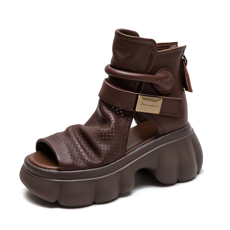 Sommer Sandalen für Damen aus echtem Leder mit offenen Zehen und Perforation im Retro-Stil, atmungsaktive Mules mit Reißverschluss hinten