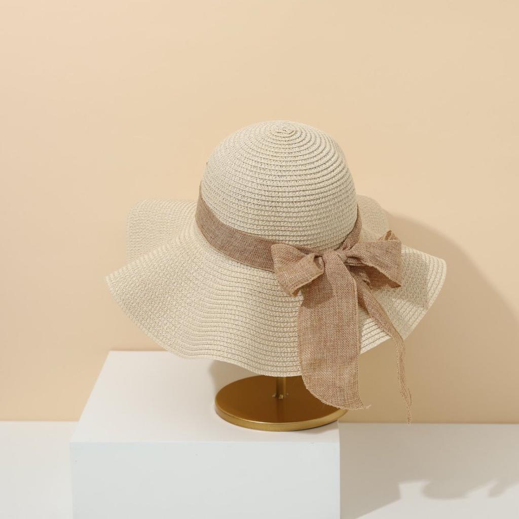 55-60cm Wide Brim Straw Beach Hat Fashion UV Protection Foldable Travel Sun Visor Cap with Bow Ribbons Portable Sun Protection