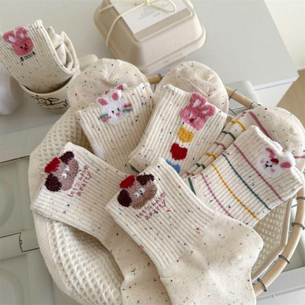 5 Pairs/Set Rabbit Embroidered Printing Women Short Socks Cat Pattern Cotton Socks  Women's Girl's