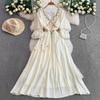 Ethnic Style Red Splicing Woven Fringed V-neck Long-sleeved Dress Women's Summer Waist and Thin Big Swing Dress