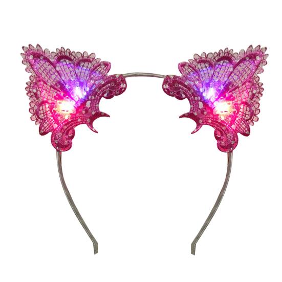 Women LED Light Up Cat Ears Lace Hair Hoop Headband Headwear Party Supplies