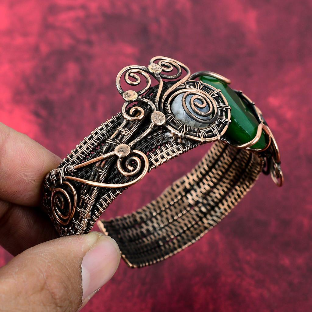 Faceted Zambian Emerald Cuff Bracelet Copper Wire Wrapped Adjustable Bangle Rainbow Moonstone Gemstone Cuff Handmade Copper Jewelry For Gift