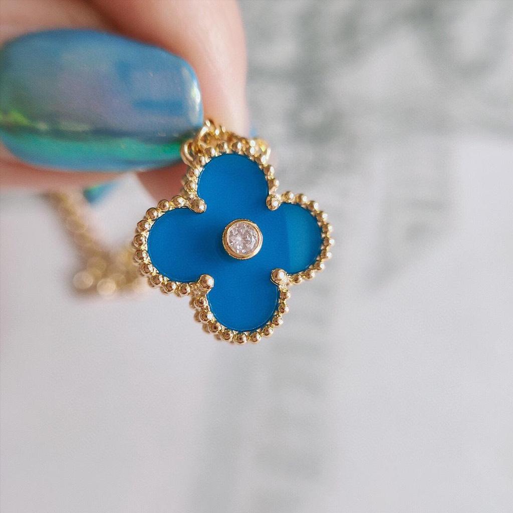 18K Gold-Plated V Design Four-Leaf Clover Necklace with Rose Red Chalcedony, Agate, and White Shell Pendant