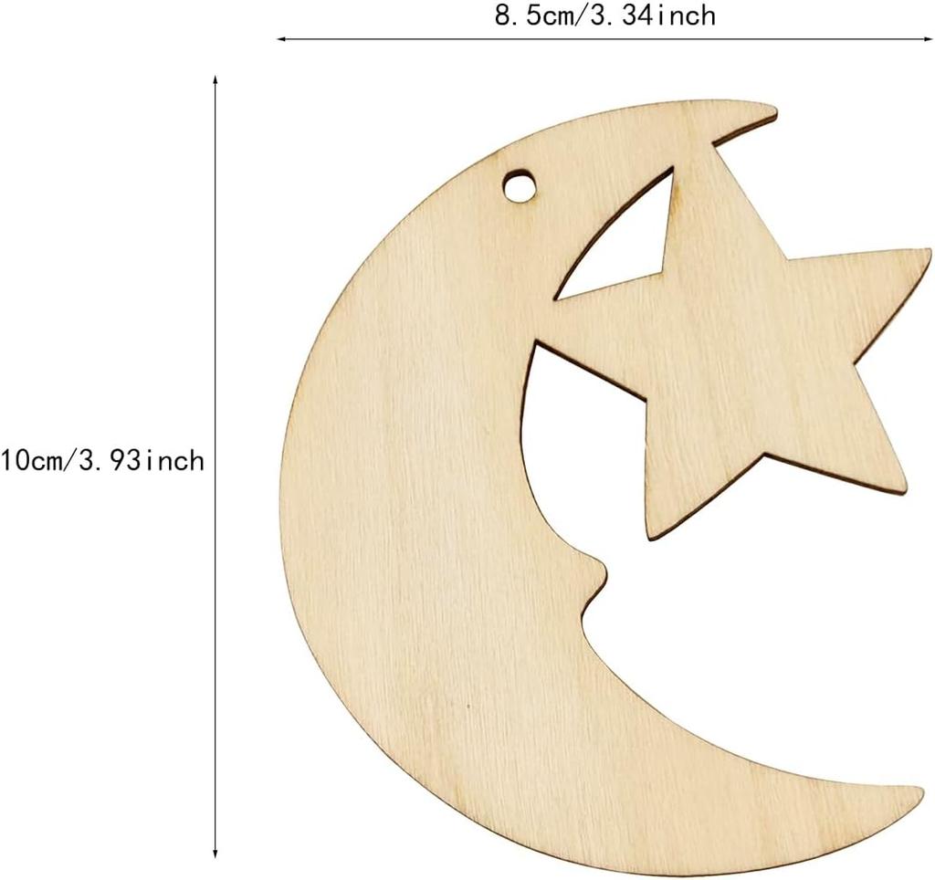 24/48 PCS Wooden Moon & Star Ornaments – DIY Hanging Decor with Hemp Rope for Wedding, Christmas, Birthday & Anniversary