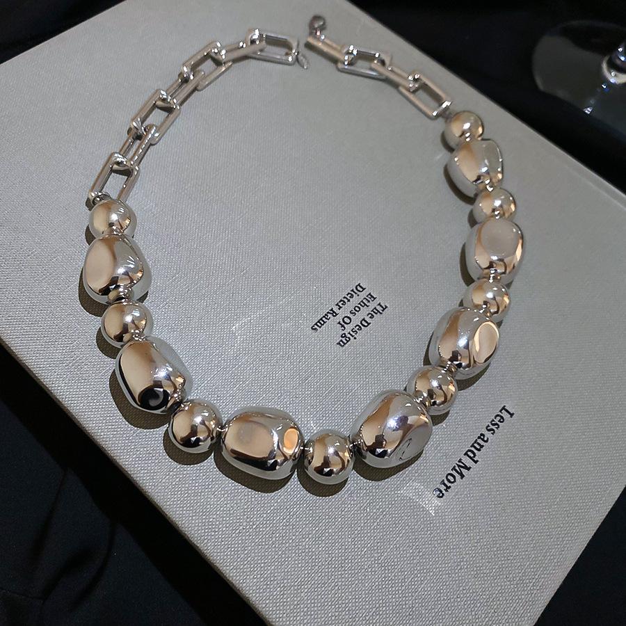 Punk Irregular Metallic ABS Bead Necklace Women Silver Plated Hollow Link Chain Choker 48cm