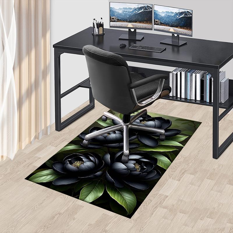1PC Black Magnolia Flowers Non-Slip Floor Carpet Compatible for Office&Living Room&Bedroom&Dining Room - Flat-Weave Machine-W318