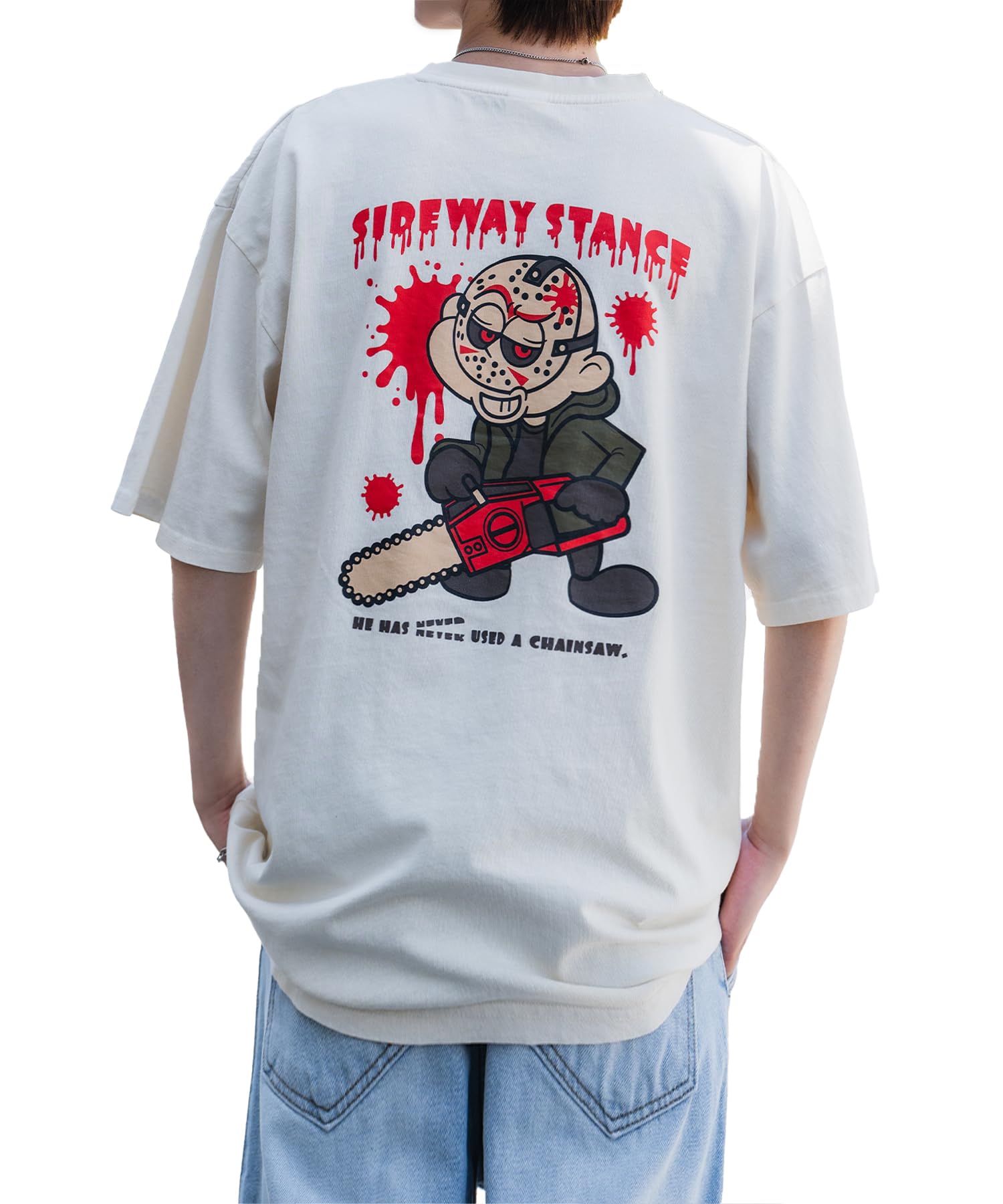 

IMPROMES Casual SIDEWAYSTANCE Chainsaw Boy Pigment Short Sleeve T-Shirt, Men s, White