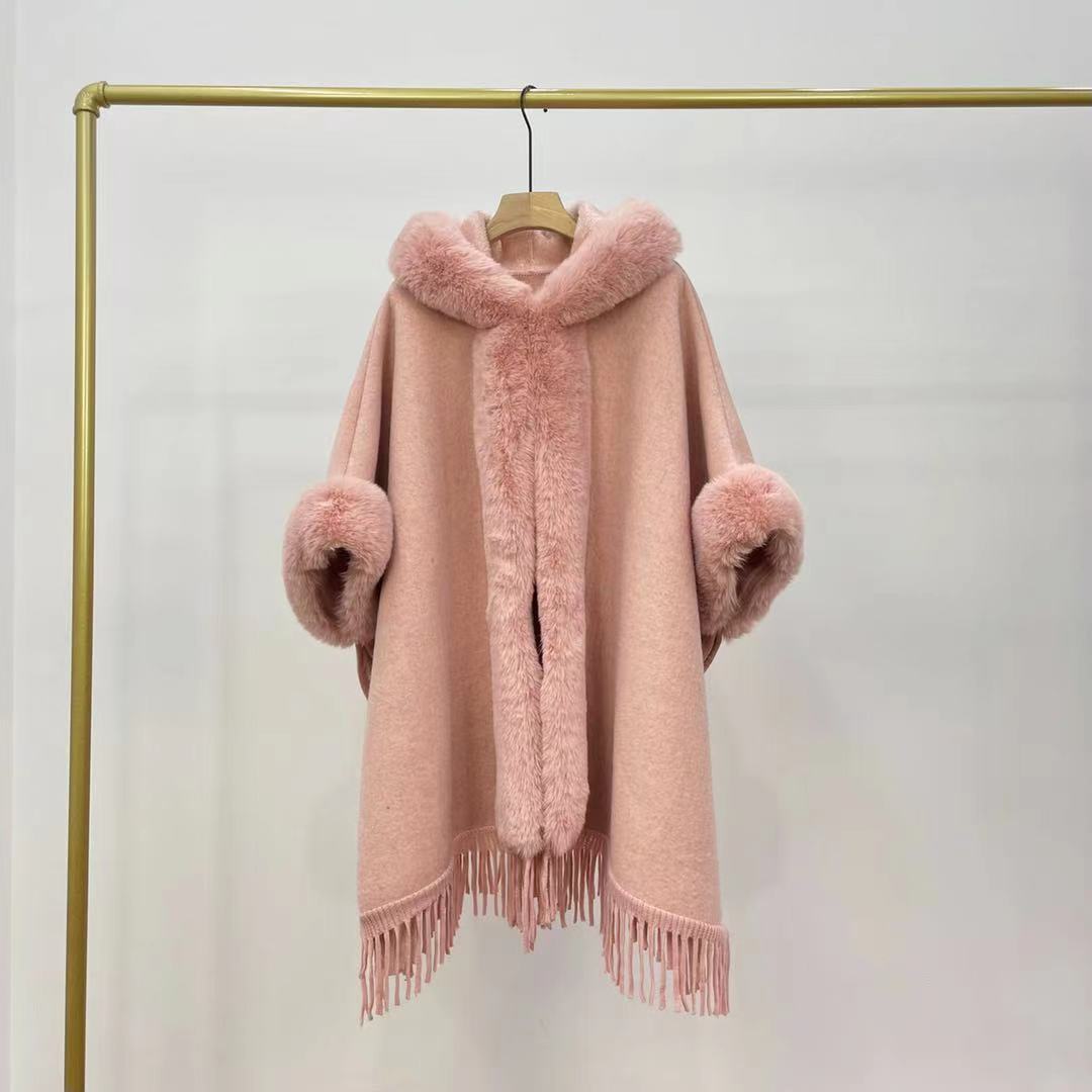 

Флисовый утолщенный меховой воротник с капюшоном и бахромой вязаная шерстяная куртка-накидка 0878 # One size