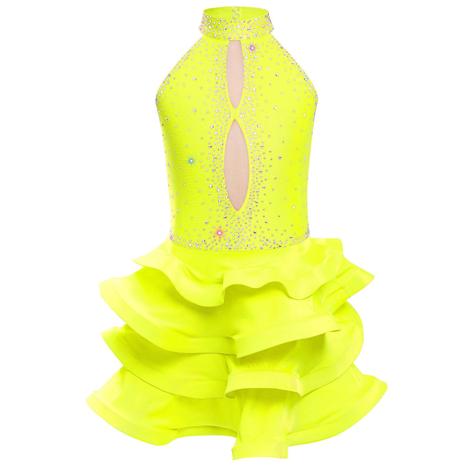 

Girls Performance Dress Sparkling Rhinestones Tiered Design Sleeveless Backless Latin Dance Costume 5-6 Years флуоресцентний жовтий колір