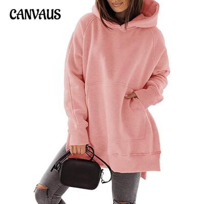 Damen Langarm Sweatshirt mit Rundhalsausschnitt, gepolstert, einfarbig, mit Tasche, lockeres Sweatshirt mit Kapuze und langen Ärmeln