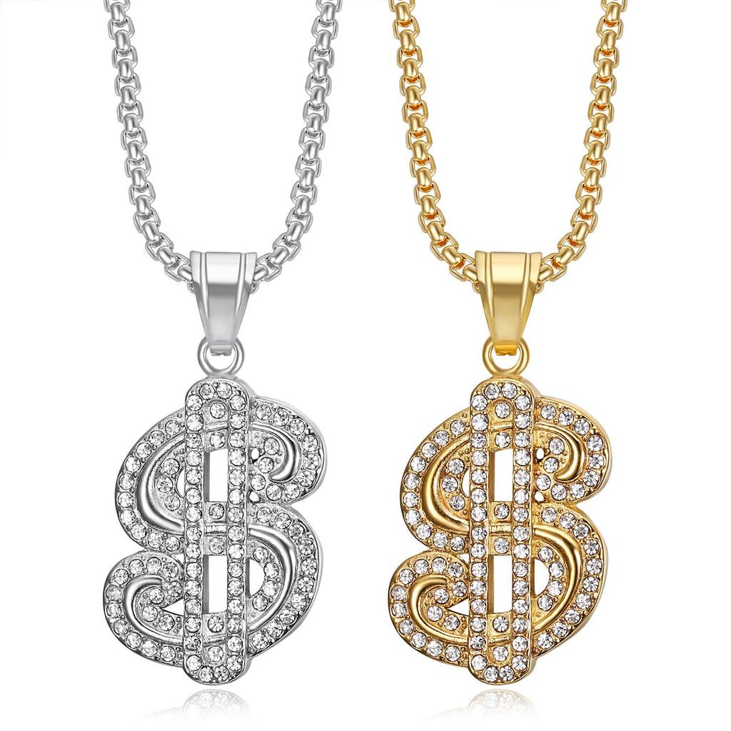 Europa, Amerika, Hip-Hop, Schmuck, Vergoldeter Diamant Dollar Symbol Anhänger Halskette