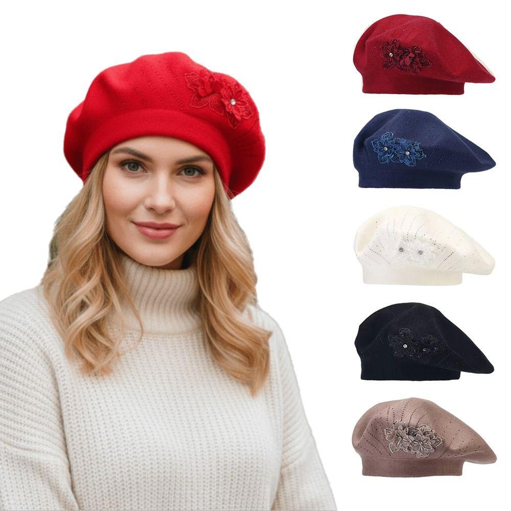 Flower Embroidery Women Beret Button Design Thick Material Woolen Hat Ear Protection Keep Warm Octagonal Hat Outdoor Activities