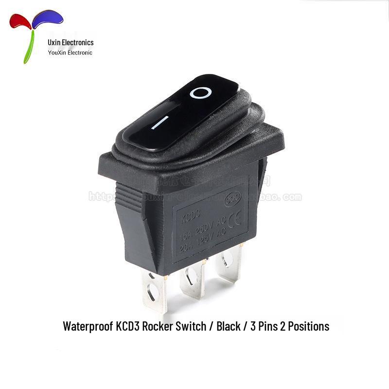 

KCD3 Waterproof 20A Rocker Switch, Black/Red/Green, 3-Pin, 2-Position, Silver Contacts.
