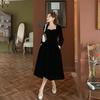 French Hepburn Small Black Dress Golden Velvet Dress Women's Autumn and Winter New Temperament Waist Celebrity Style Dress