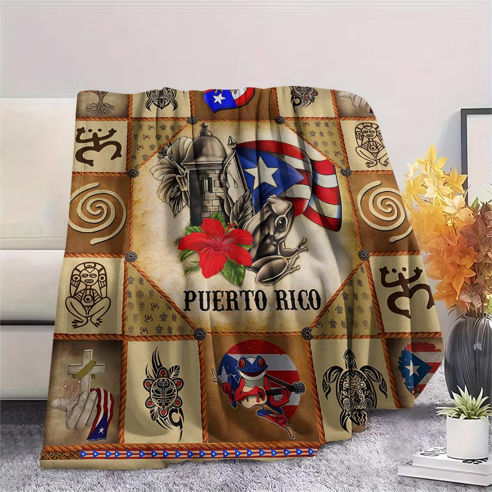1Pc Puerto Rico Print Flannel Blanket, High quality Comfortable for All Seasons, Home Decor, Warmth and Comfort, Perfect for Christmas Gifts