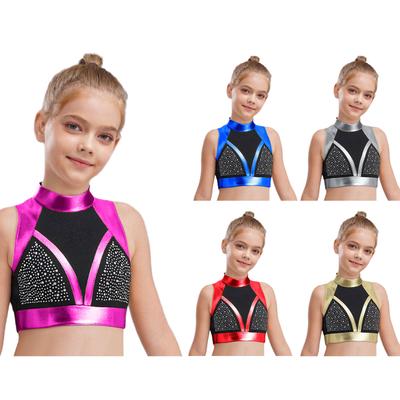 Girls Dance Costume Top Mock Neck Sleeveless Cutout Back Shiny Rhinestones Color Block