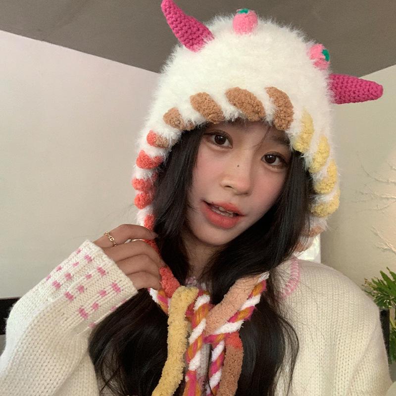 Cute Plush Hat Women's Autumn and Winter Colorful Fringed Braids Knitted Pullover Hat Ear Protector