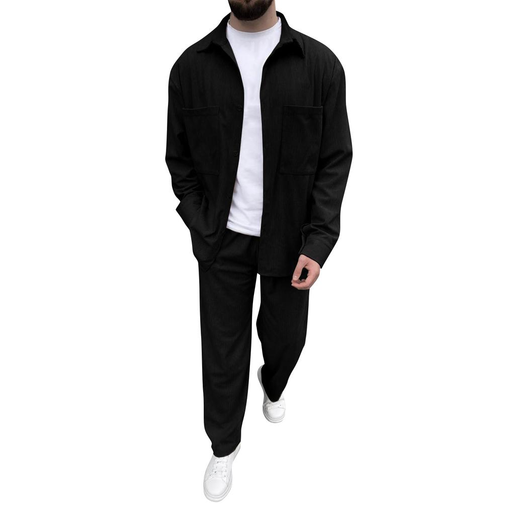 Men's Solid Color Button Double Pocket Long Sleeve Jacket Casual Trousers Two Piece Suit