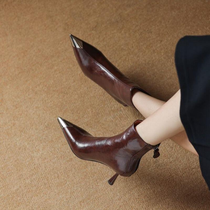 Mode Metall Kollisionsskydd Spetsig Tå Högklackade Stövlar 2025 Höst Vinter Varma Mode Stilett Stövletter Dam