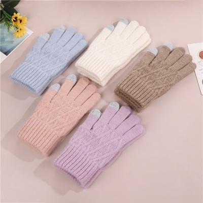 Einfarbige gestrickte Wollhandschuhe Winter Warm Plus Samt Kältefest Radfahren Fingerlos Fünffinger Damen Studenten Neu