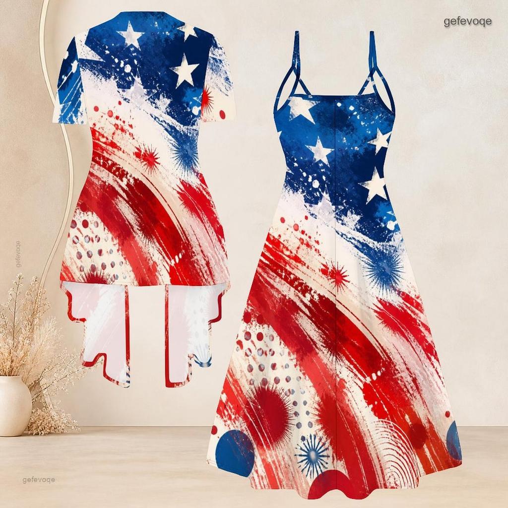 Women Plus Size Printed Two Piece Set Short Sleeve Draped Cardigan V Neck Strappy Flared Dress Navy Blue