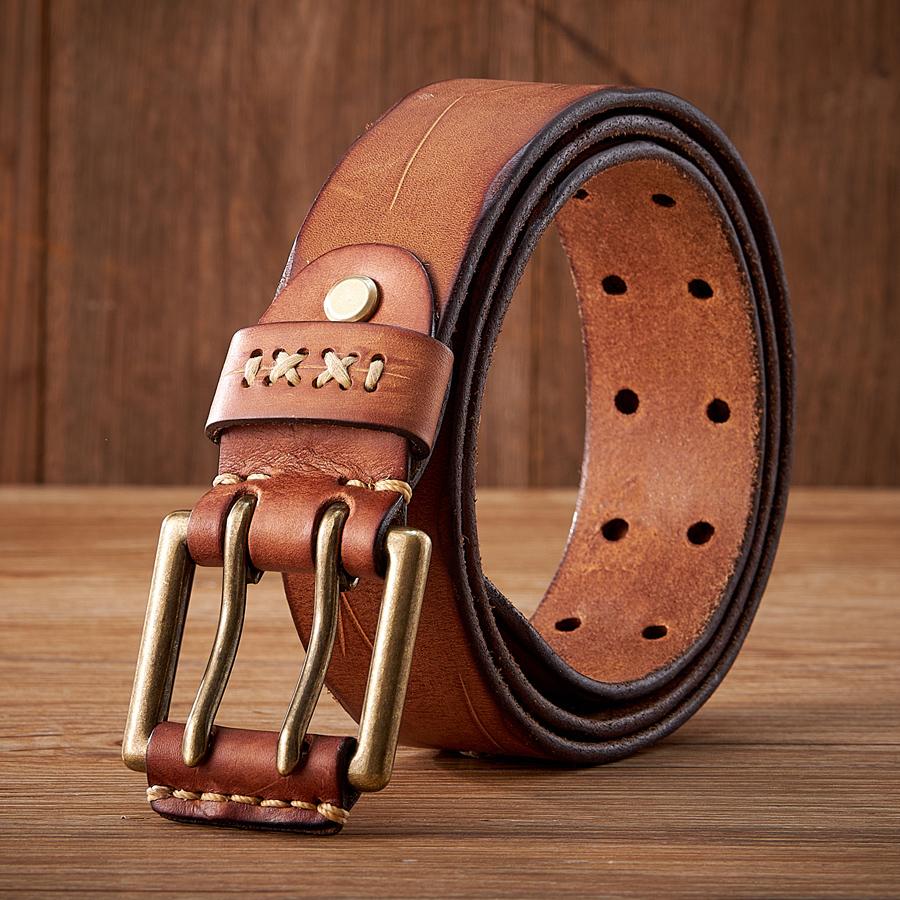 3.8CM Original Genuine Leather Army Tactical Belt Double-needle Buckle Men's Belt Washed Water Made Old Macho Jeans Belt