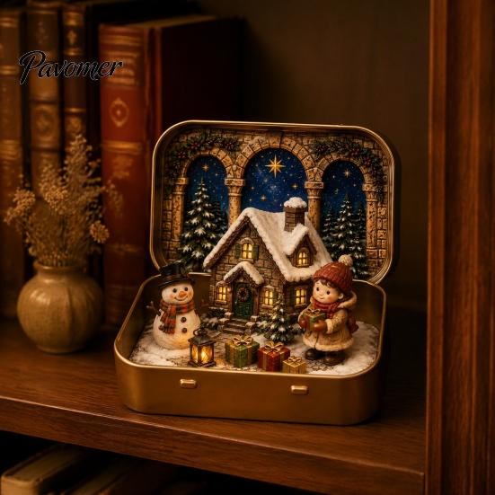 Micro Paesaggio Natalizio da Tavolo Mini Set in Scatola di Latta, Scena Festiva Formato Tascabile Scatola Presepio Portatile con Figure in Miniatura, da Collezione