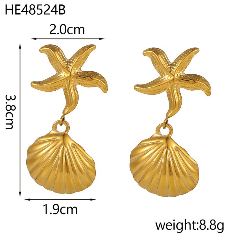 CARLIDANA Ocean Trendy Gold Plated Stainless Steel Fish Starfish Shell Open Ring Link chain Cord Necklace Bracelet Earrings Set