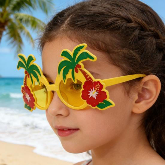 Hawaiian Sunglasses for Party, Summer Beach Glasses with Palm Tree & Hibiscus Flower, Funny Costume Prop Shades for Vacation Photo Booth Decor
