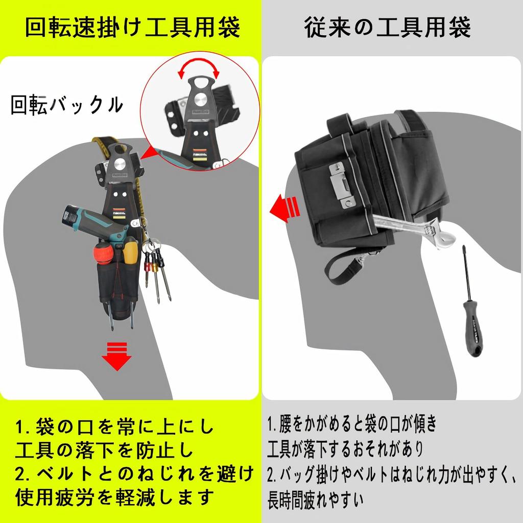 Tool Belt, Nail Pouch, Tool Holder for Electric Drills, Spring-Loaded Opening, 3-Tier Structure, Tool Drop Prevention, Detachable Tool Holder, Waterpr