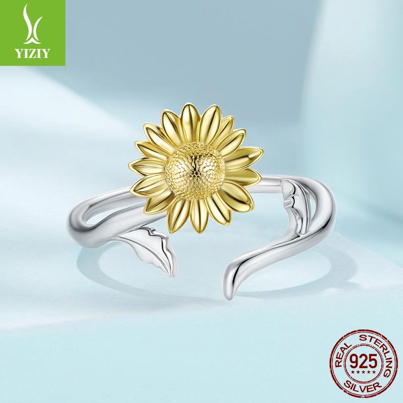 Golden Sunflower Open Ring Exquisite S925 Sterling Silver Sunflower Lucky Ring Jewelry