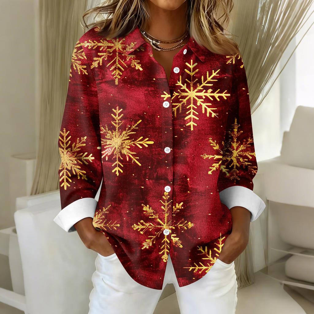 Women's Shirt Blouse Christmas Print Button Long Sleeve Casual Basic Shirt Collar Regular Top