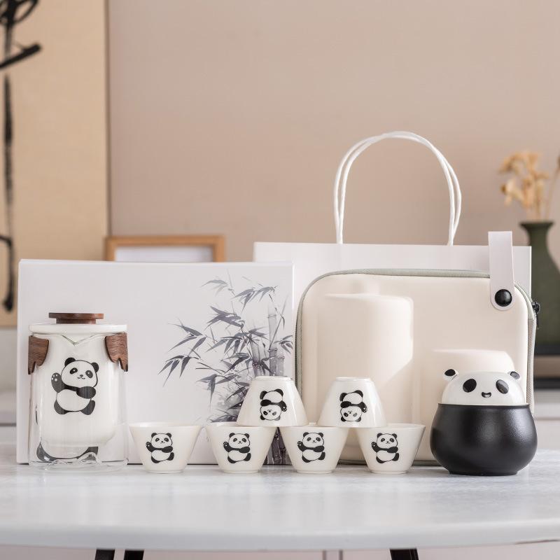 Panda Speckstein Jade Porzellan Reise-Teeset Outdoor Tragbar Sichuan Sehenswürdigkeit Geschäfts-Erinnerungsgeschenk
