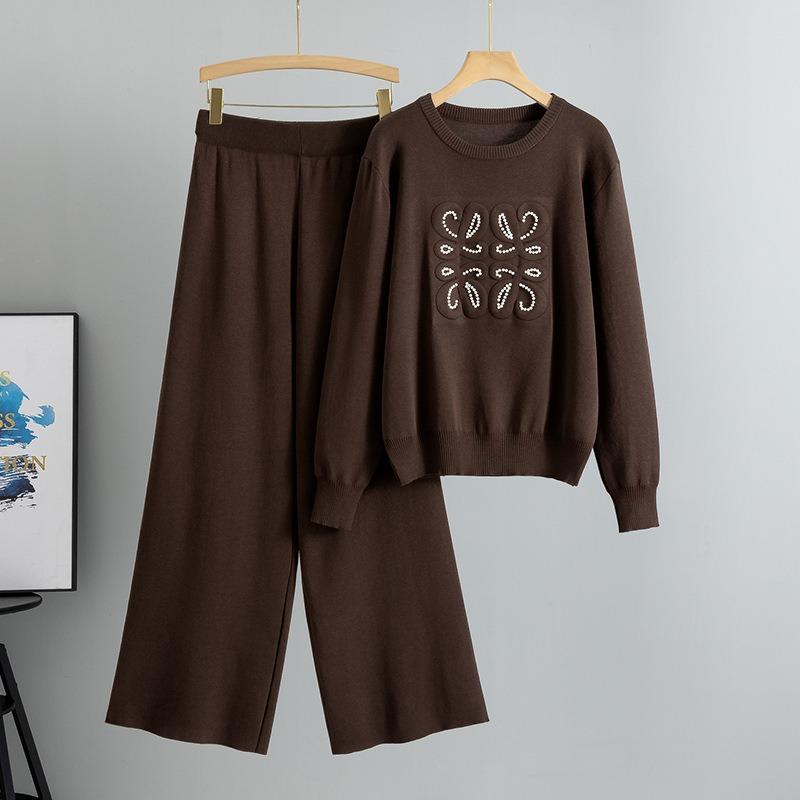Plus Size Women's New Autumn Knit Sweater Wide Leg Pants Fashion Simple Temperament Two Piece Suit