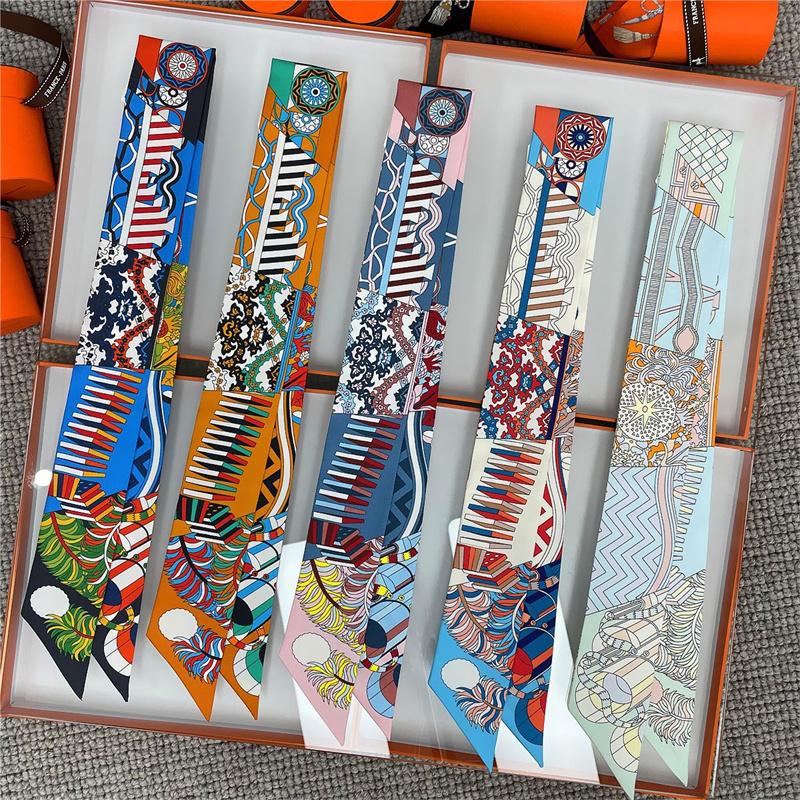 Lenço de Seda de Alta Qualidade Luxuoso Faixa para Cabeça Feminina Faixa para Cabelo Foulard Fita para Amarrar Lenço de Pescoço Lenços Finos Acessórios