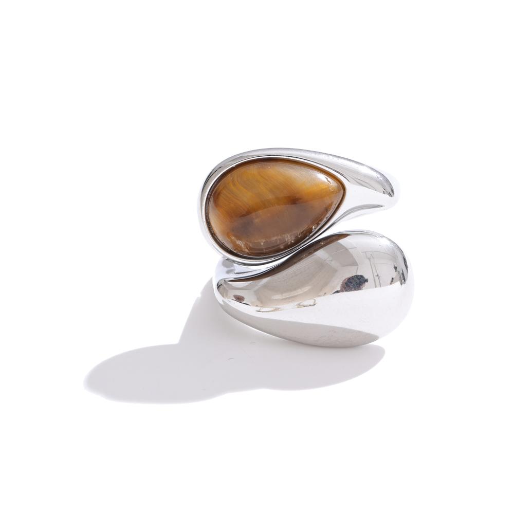 

Yhpup 316L Stainless Steel Natural Tiger Stone Water Drop Adjustable Ring for Women PVD Plated Fashion Jewelry Accessories resizable