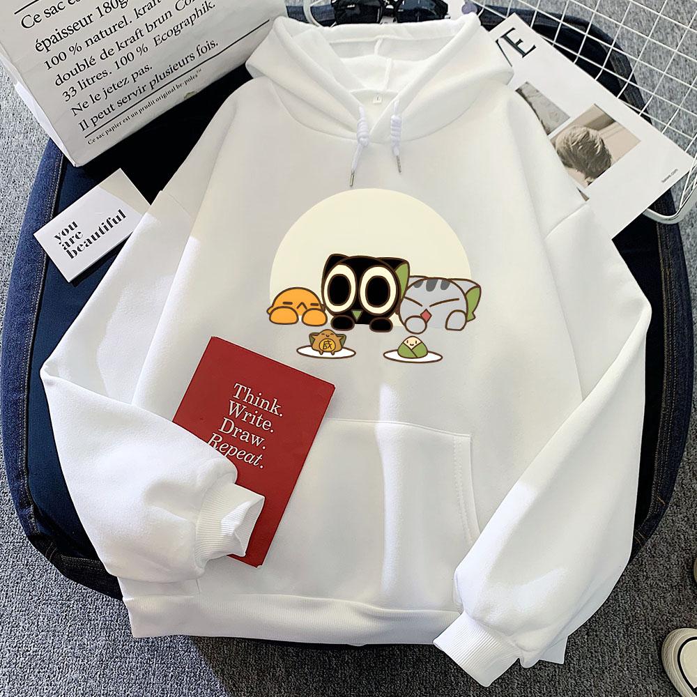 Luo Xiao Hei Cat Cartoon Printing Hoodies Winter Fleece Kawaii Printing Sweatshirts Streetwear Women Comfortable Pullover