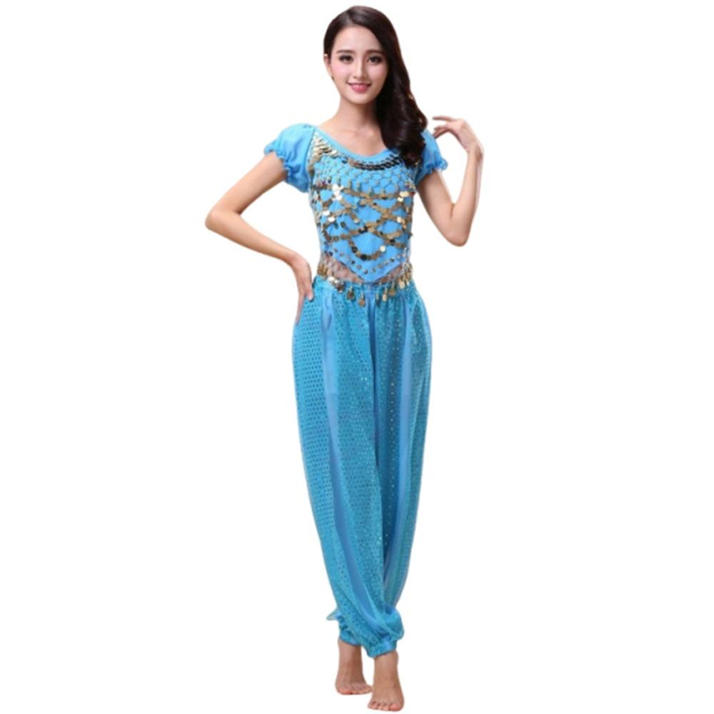 2Pcs/set Charming Sequin Tassels Belly Dance Costume Set Harem Pants Crop Top Sequin Tops Nightclub Stage Dance Wear Festivals