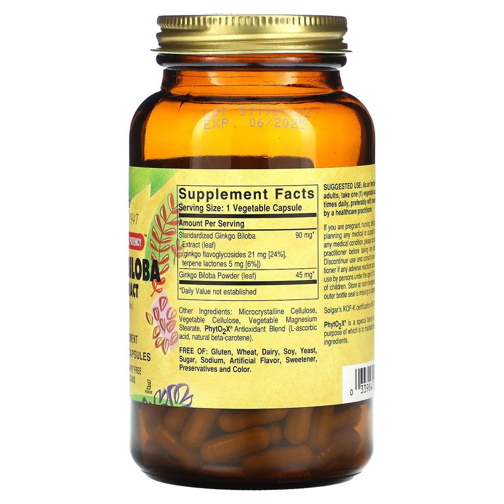 Solgar, Ginkgo Biloba Leaf Extract, 180 Vegetarian Capsules