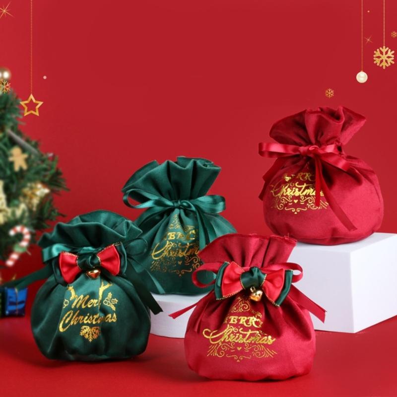 Reusable Holiday Velvets Treat Pouch Drawstring Gift Bag With Bowknot And Bell Christmas Party Decoration Accessories
