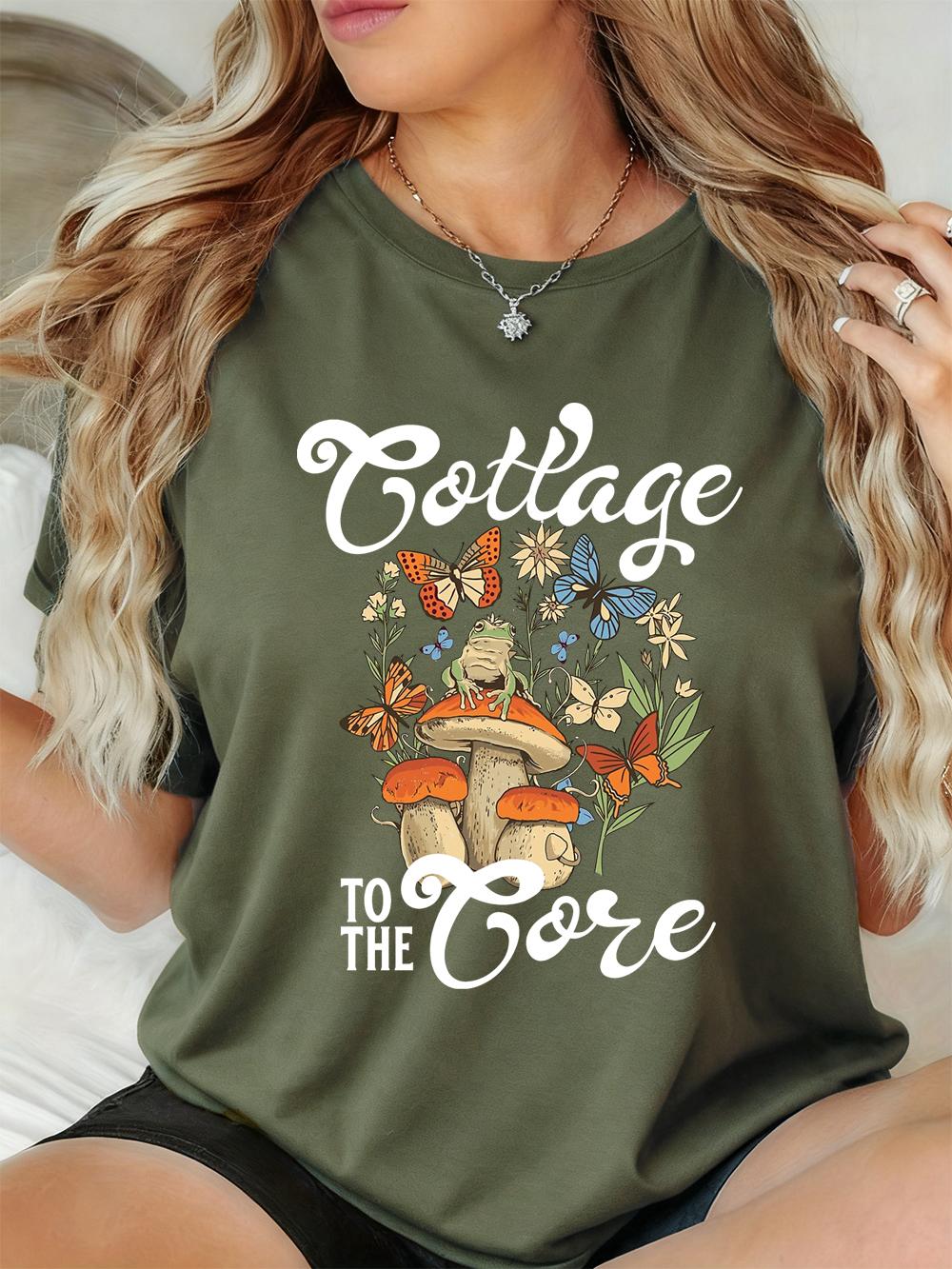 Frog Mushroom Floral Printed TShirt Womens Basics ONeck T Shirts Soft Comfortable Short Sleeve Tops Summer Loose Woman Clothes S