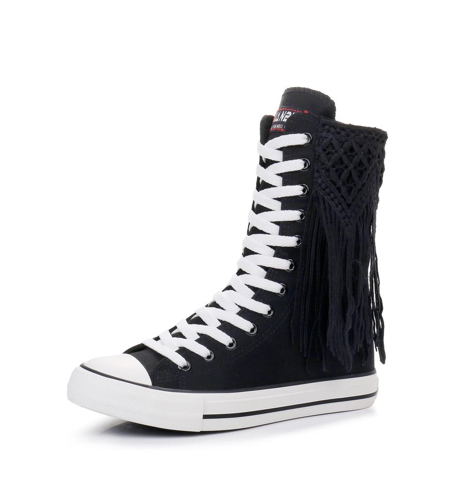 Stiefel Damen Sneaker Canvas Casual High Top Schuhe Langer Stiefel Schnürung Reißverschluss Bequem Flache Stiefel Sneaker Tenis Feminino