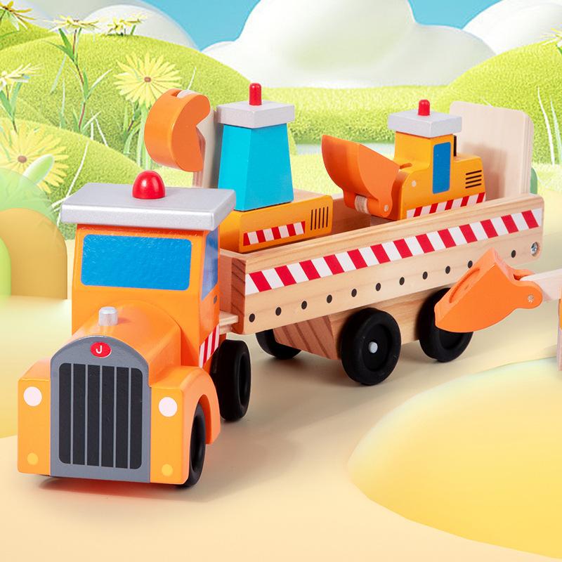 Wooden Engineering Transportation Car Model Set Children's Early Education Wood Simulation Excavator Bulldozer Toy